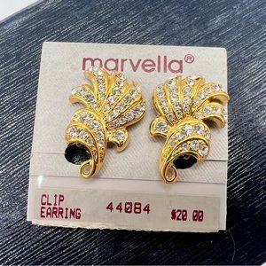 Vintage MARVELLA clip on gold tone rhinestone swirl earrings new old stock